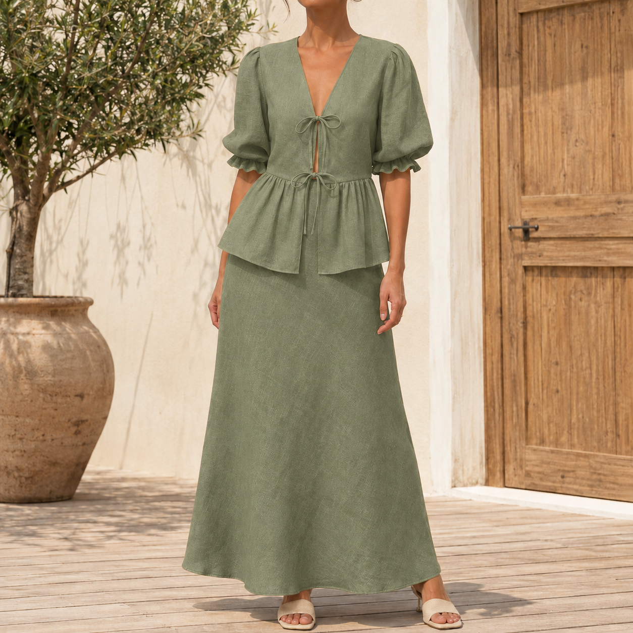 Sage green tie front puff sleeve top and maxi skirt on model