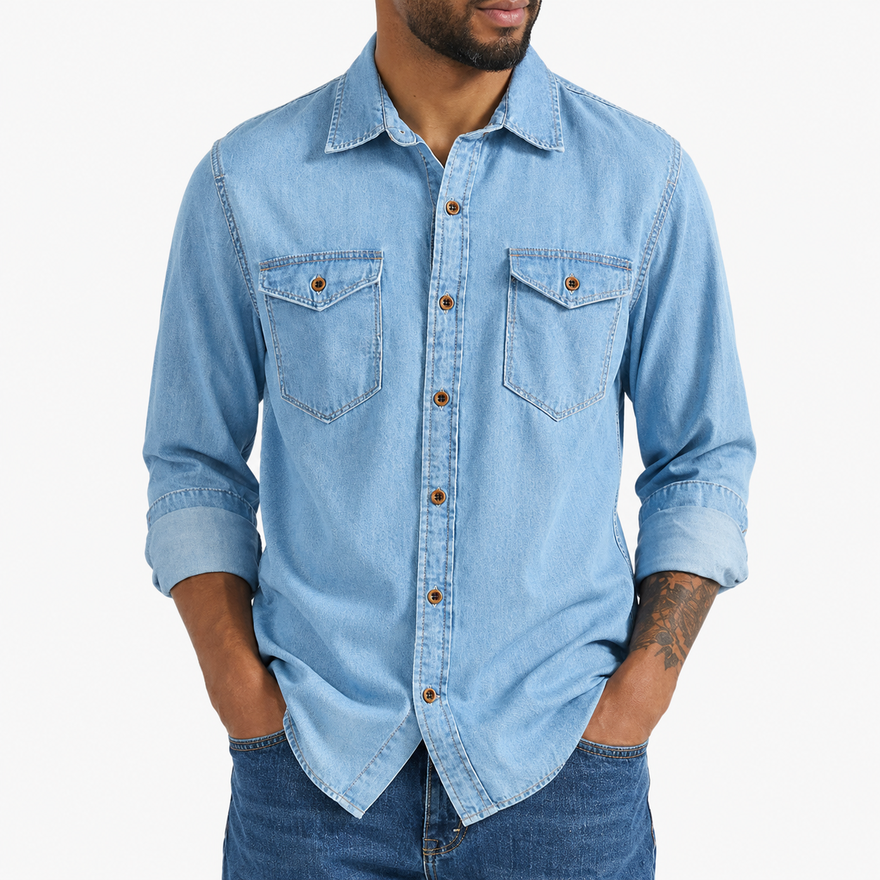 Medium denim blue washed denim button-up shirt