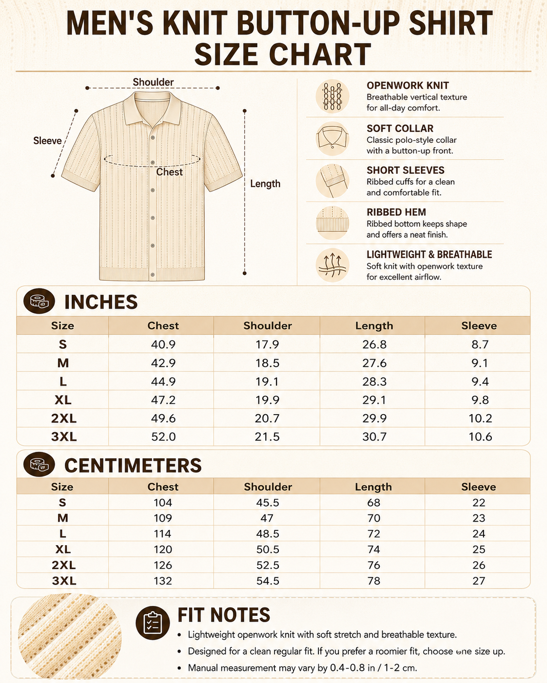 Size chart for men openwork knit button-up shirt