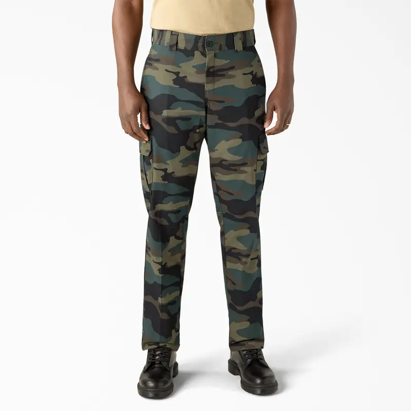 Camo stretch cargo work pants on model