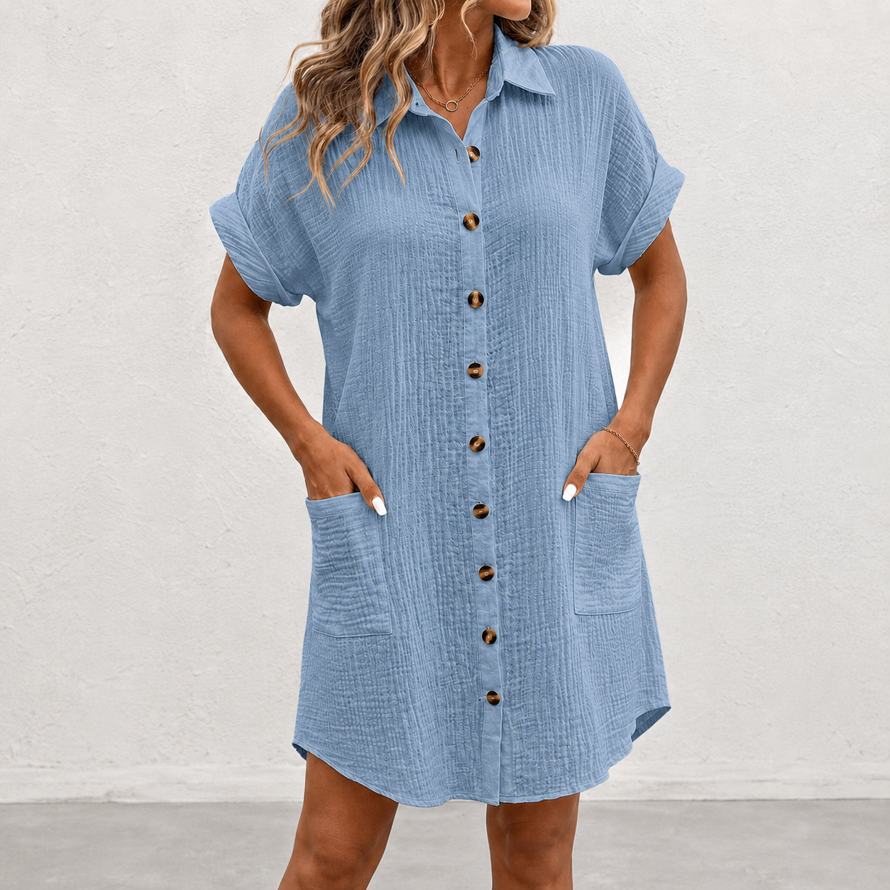 Dusty blue crinkle button down shirt dress