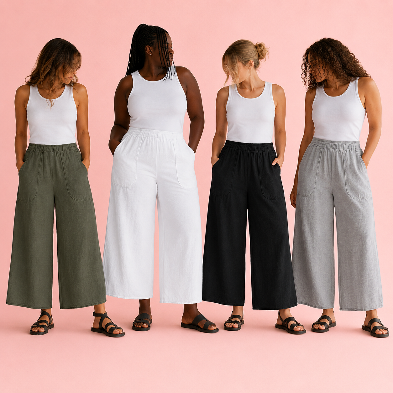 Women's wide-leg pull-on pants group photo