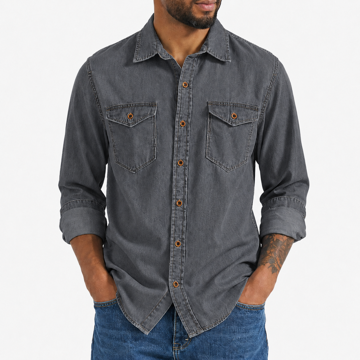 Charcoal gray washed denim button-up shirt