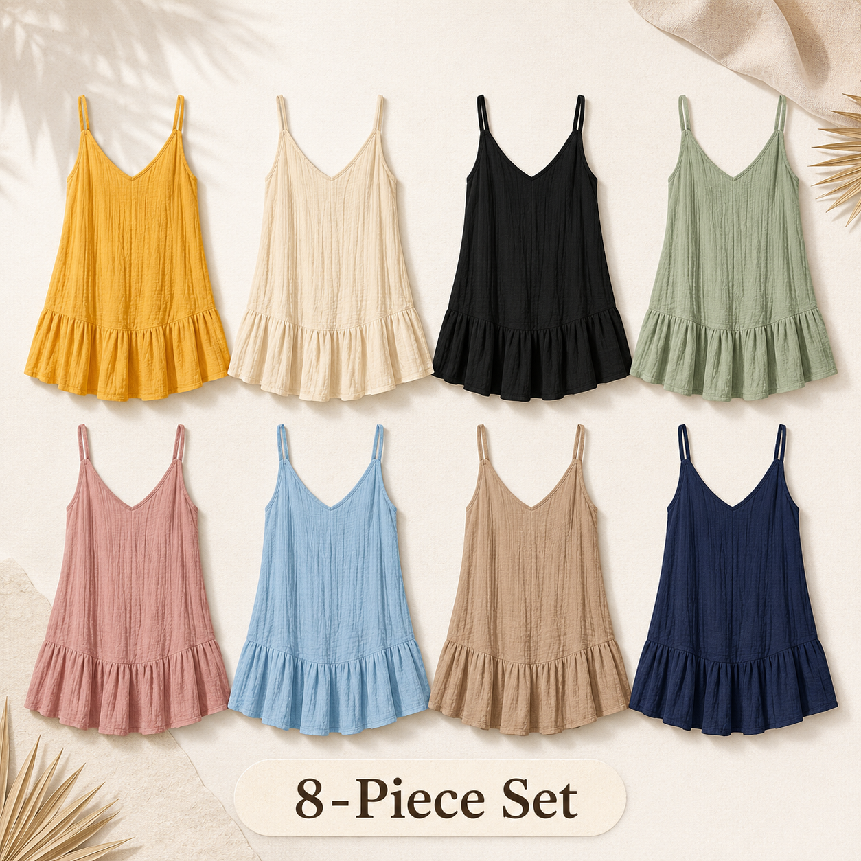 Mixed 8-pack flat lay of V-neck crinkled ruffle hem mini dresses