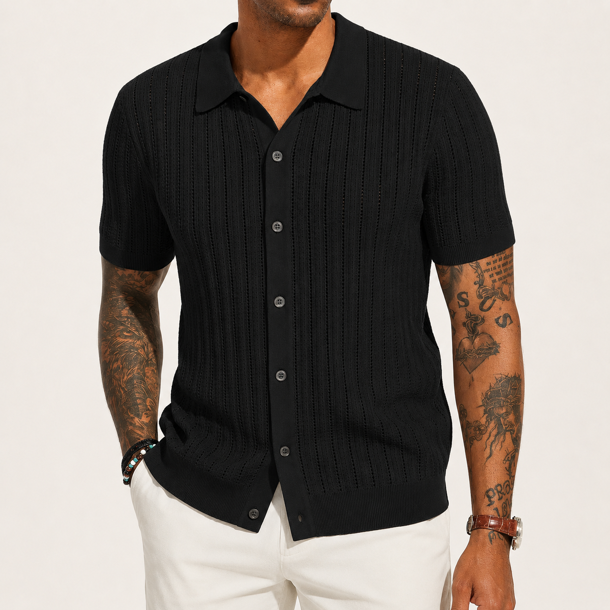 Classic Black openwork knit button-up shirt