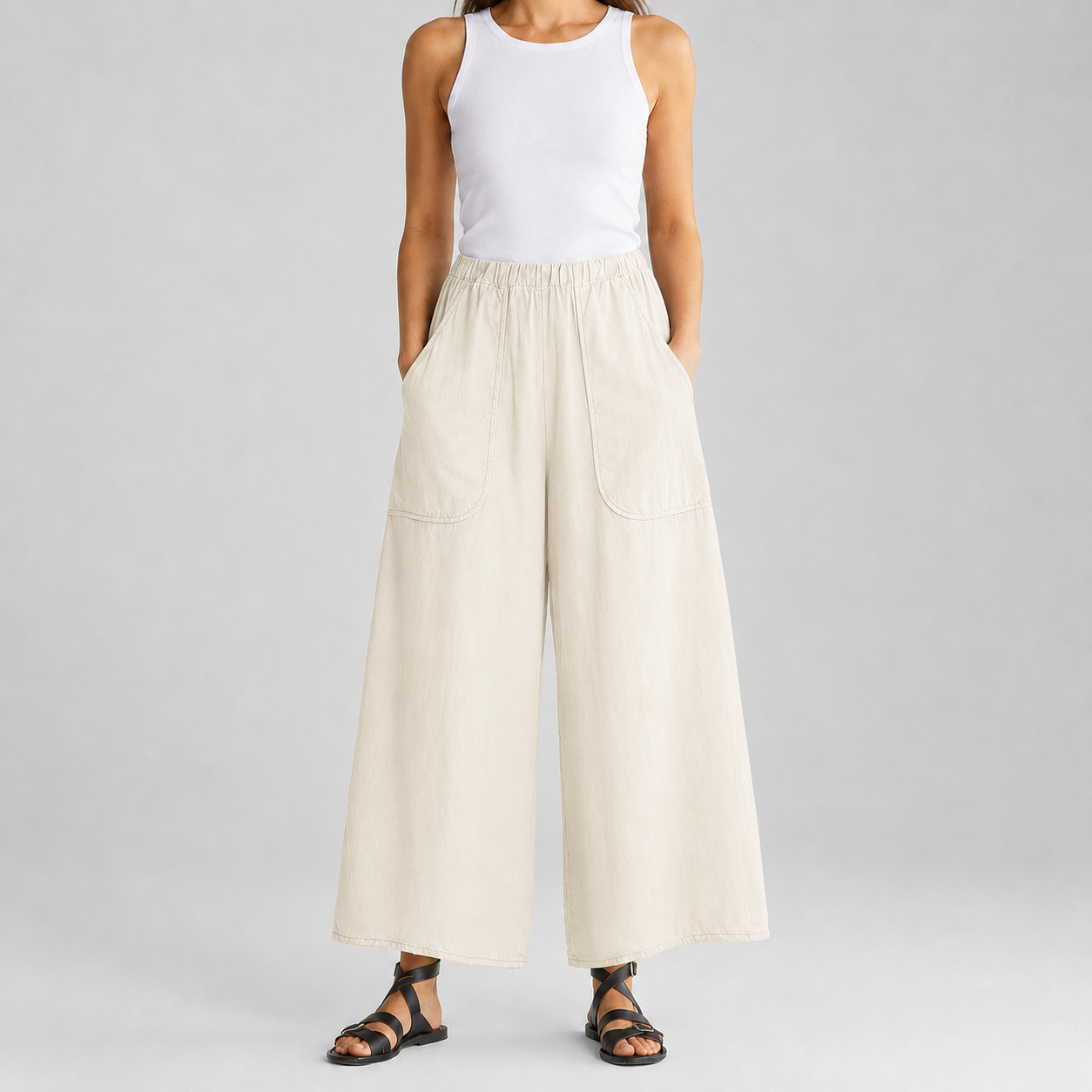 Soft ivory women's wide-leg pull-on pants