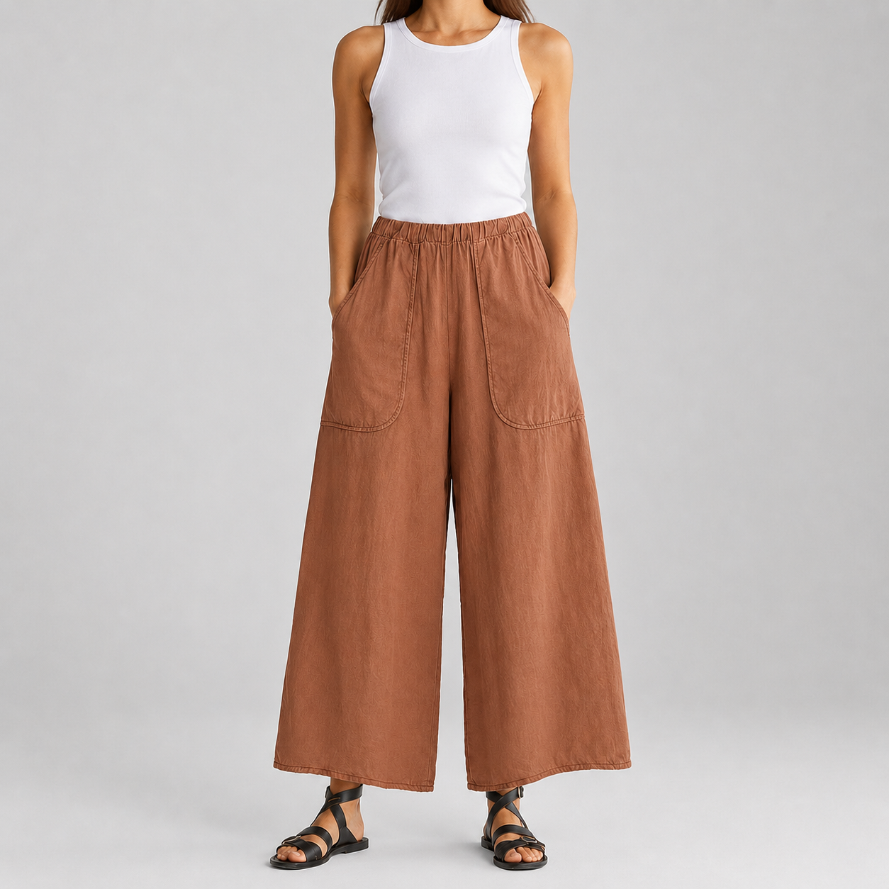 Terracotta brown women's wide-leg pull-on pants