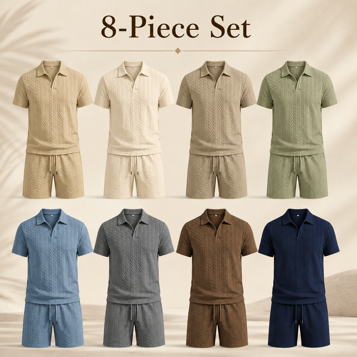 Mixed 8-Piece package image for men's textured knit polo and shorts set