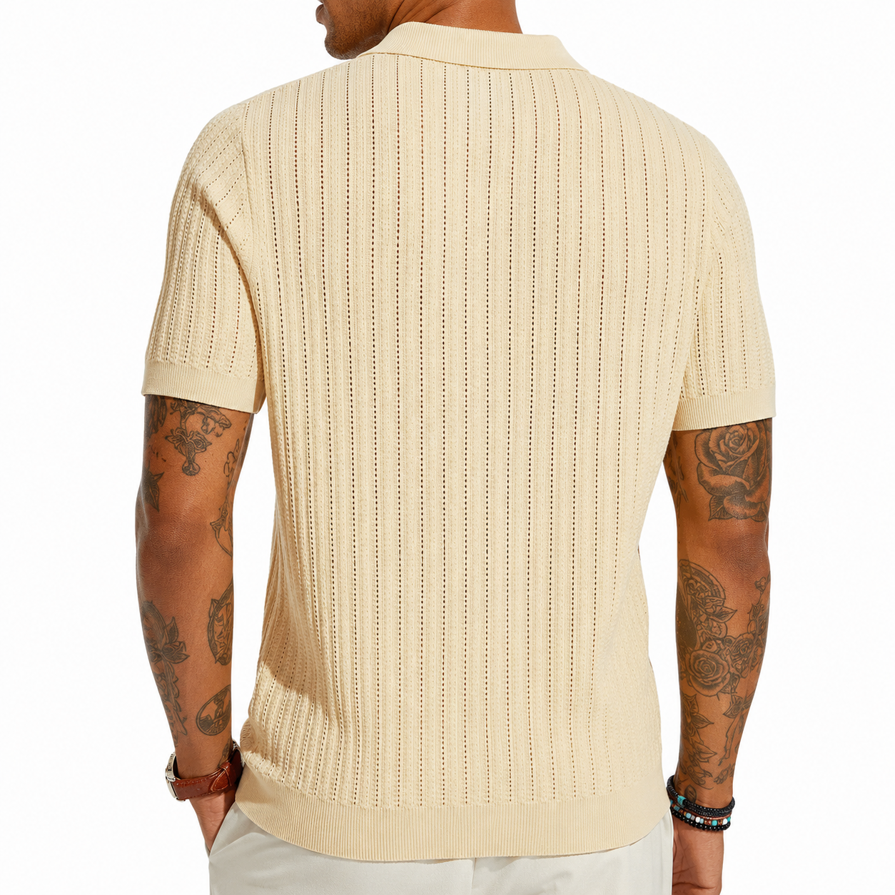 Butter Cream openwork knit button-up shirt back view