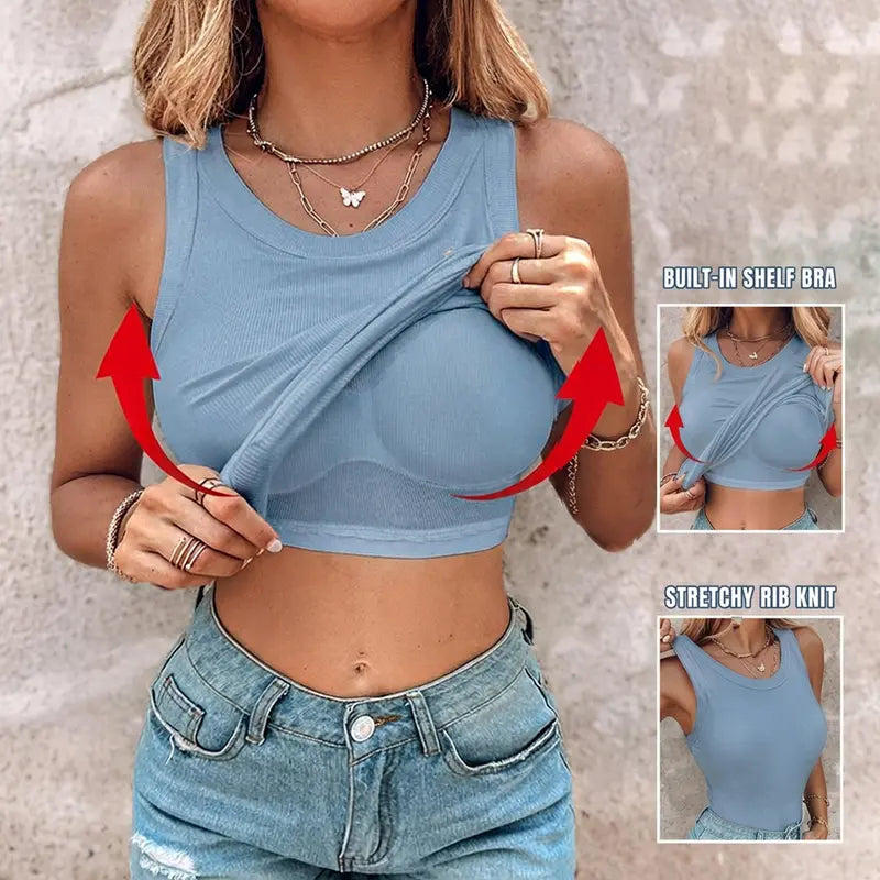 🔥This Week's Special Price🍃Round Neck Built-in Bra Ribbed Tank Top Fit Casual Comfortable💥