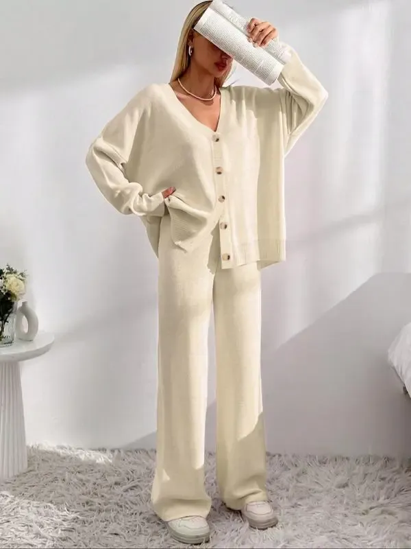 Women V Neck Cardigan & Elastic Waist Wide Leg Pants Two-piece Set outfit inspiration