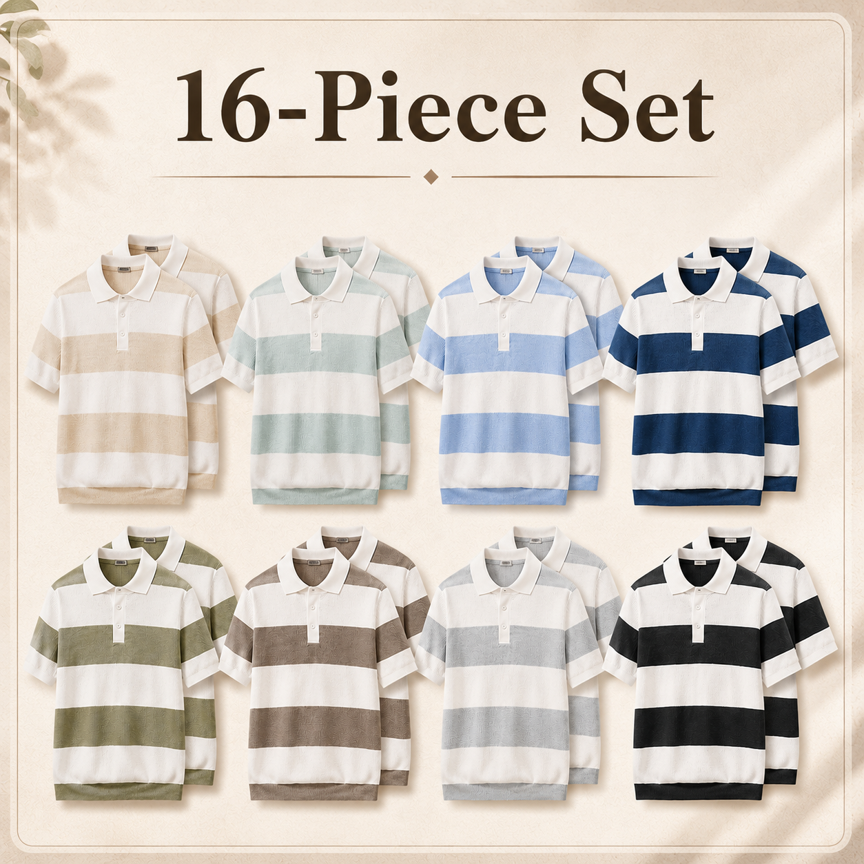 Men's striped ribbed knit polo mixed 16-piece set
