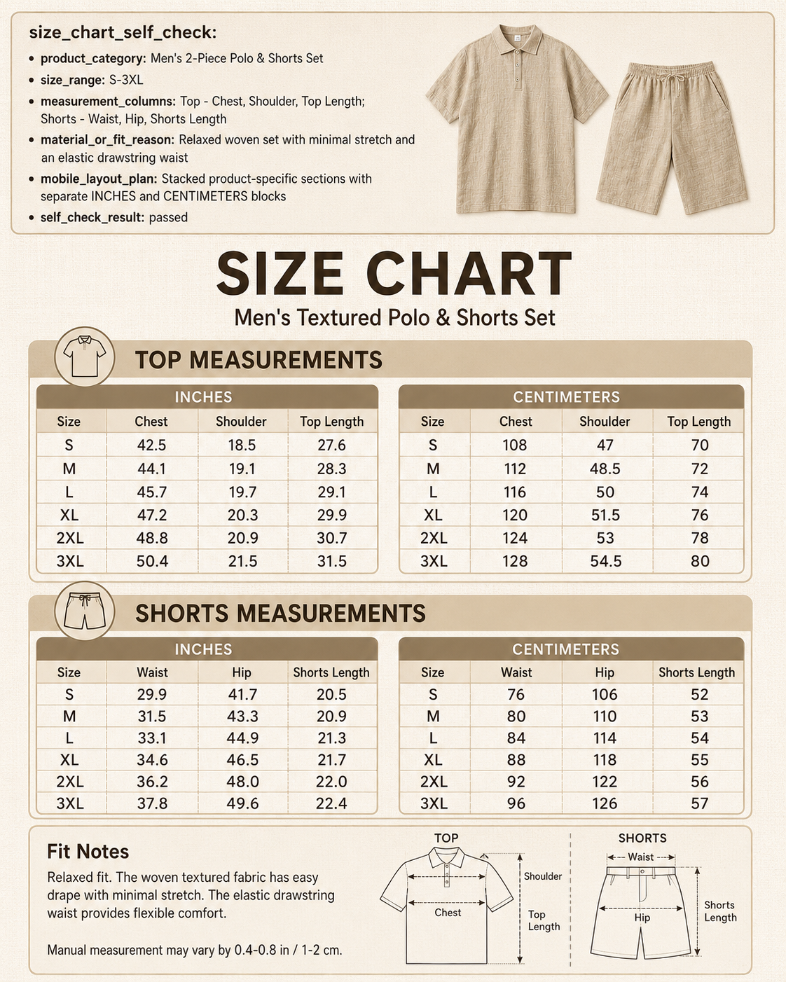 Men's textured polo and drawstring shorts set size chart