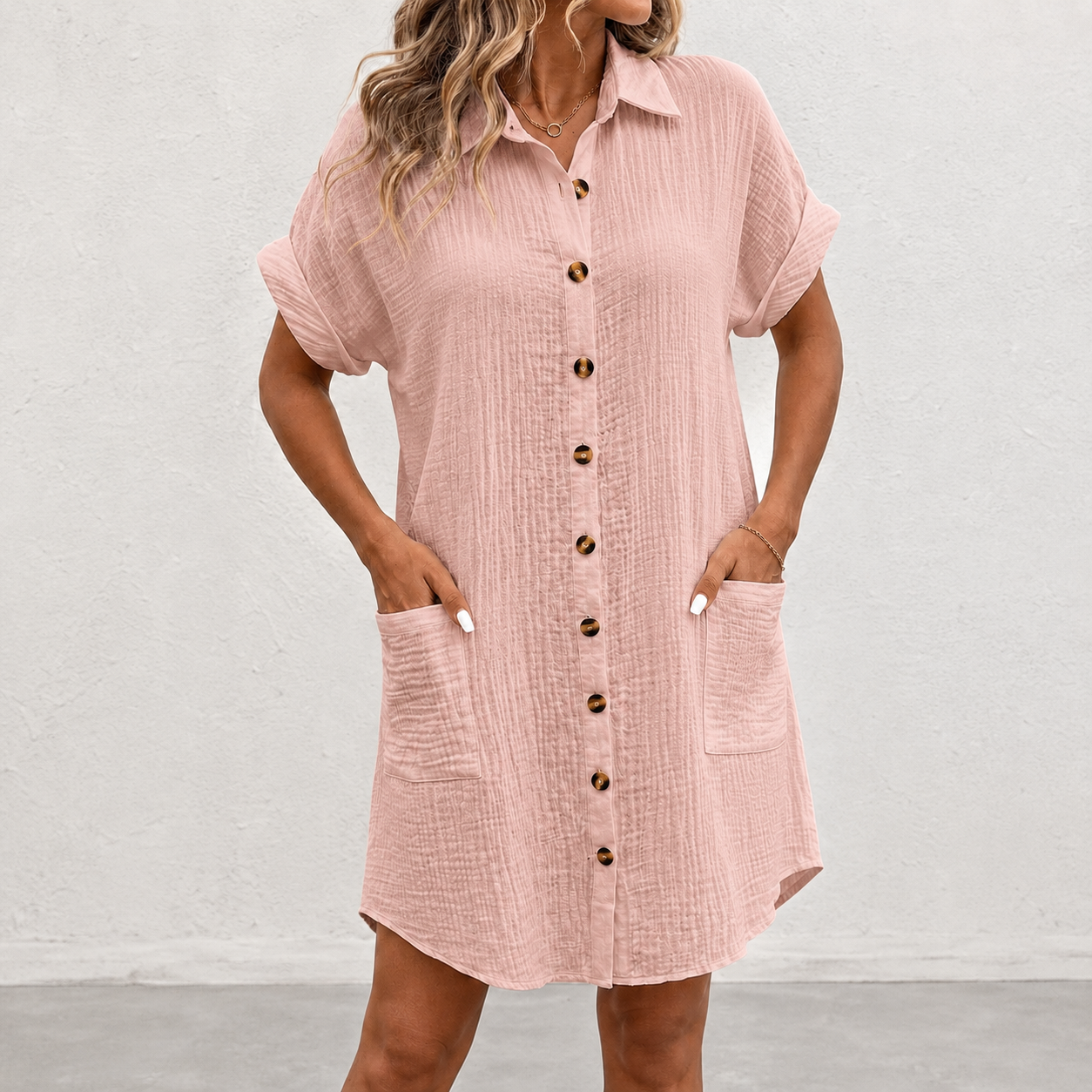 Blush rose crinkle button down shirt dress