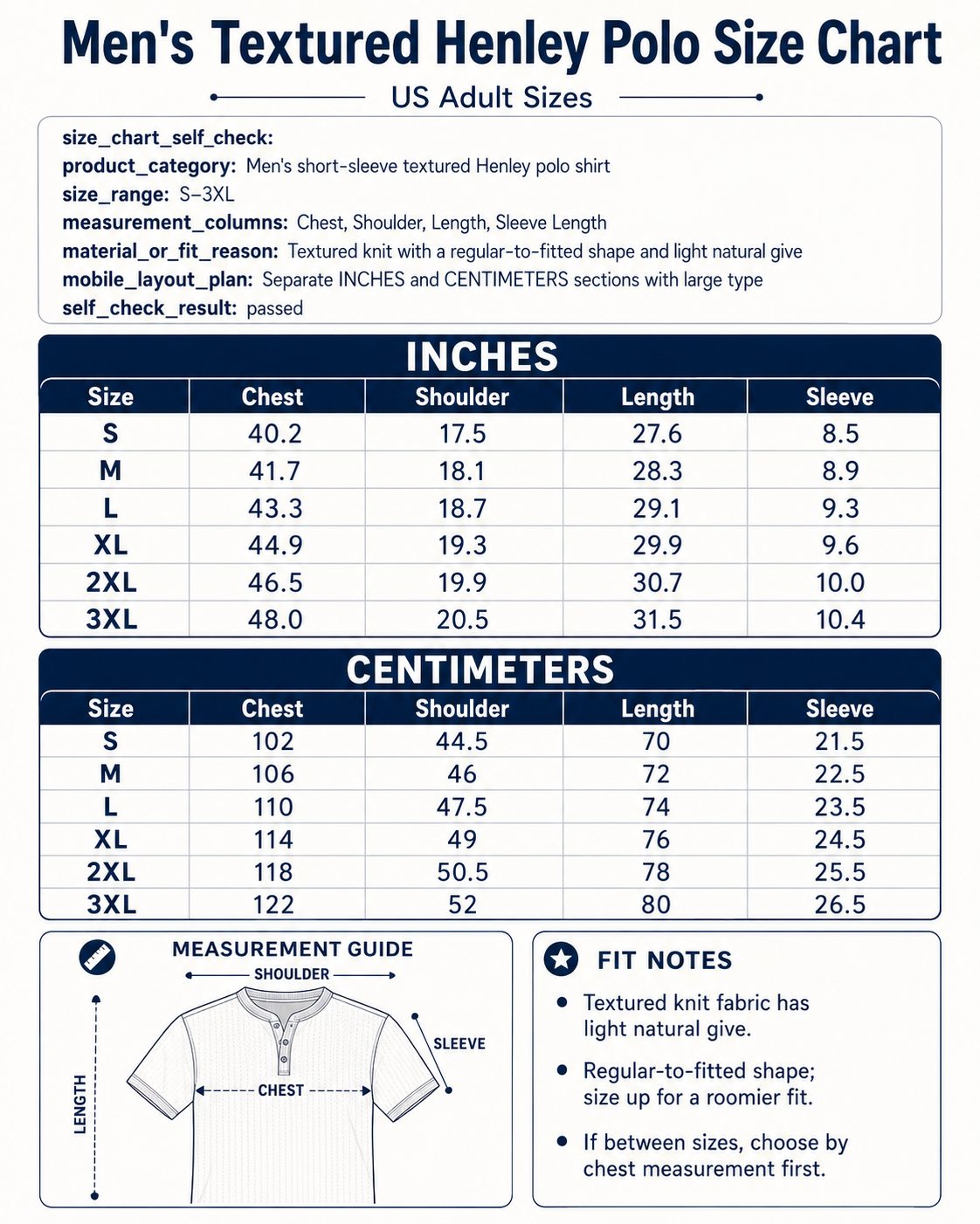 Men's textured Henley polo fit guide image