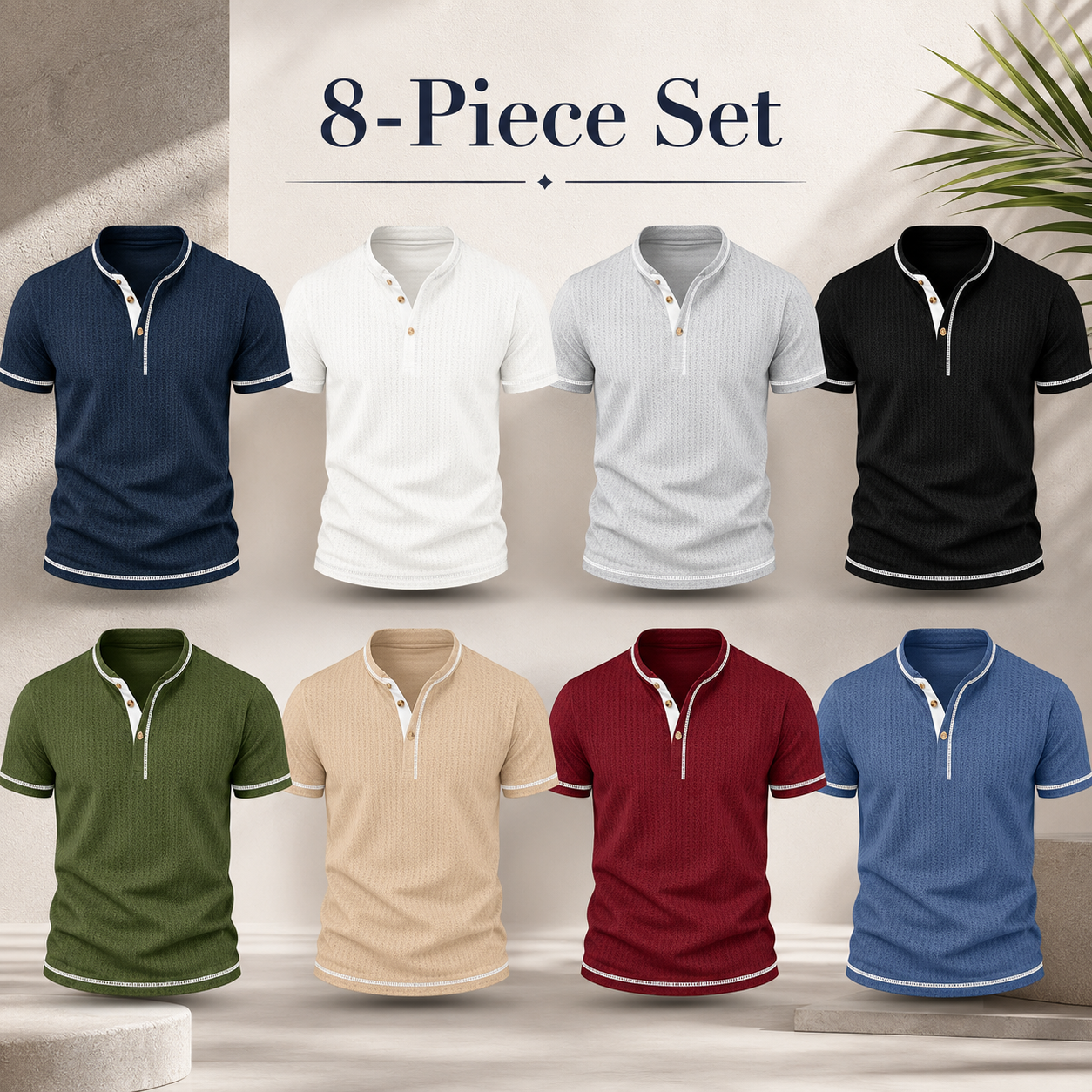 Men's textured Henley polo Mixed 8-Pack