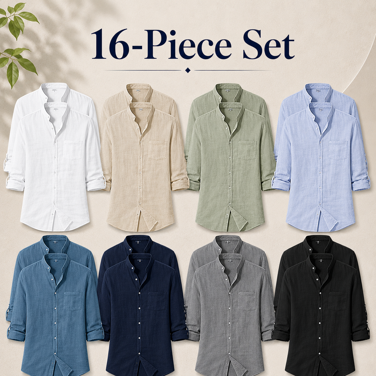 Men's lightweight woven mandarin collar shirt mixed 16-pack