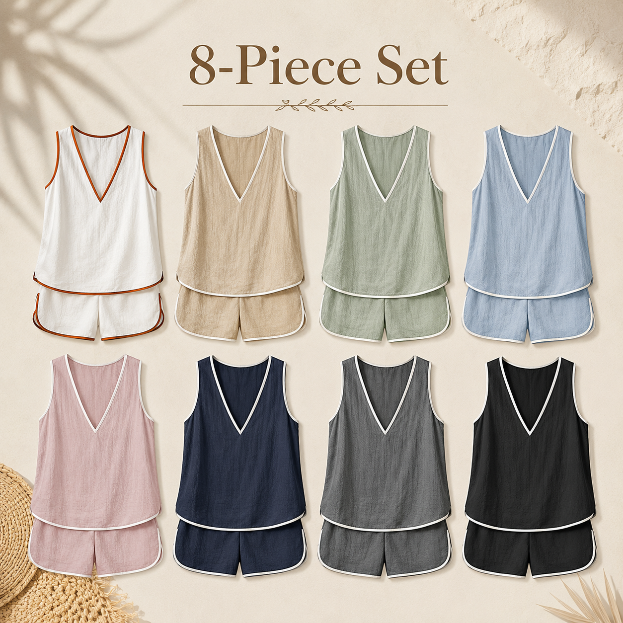 Mixed 8-Pack textured V-neck lounge shorts set