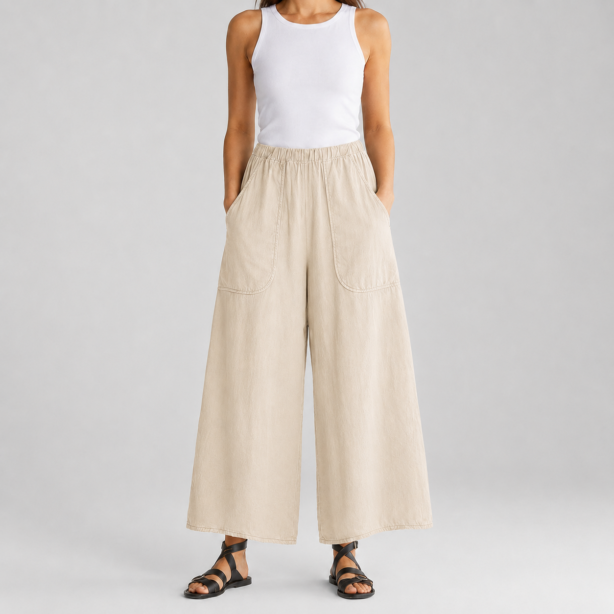 Natural oatmeal women's wide-leg pull-on pants