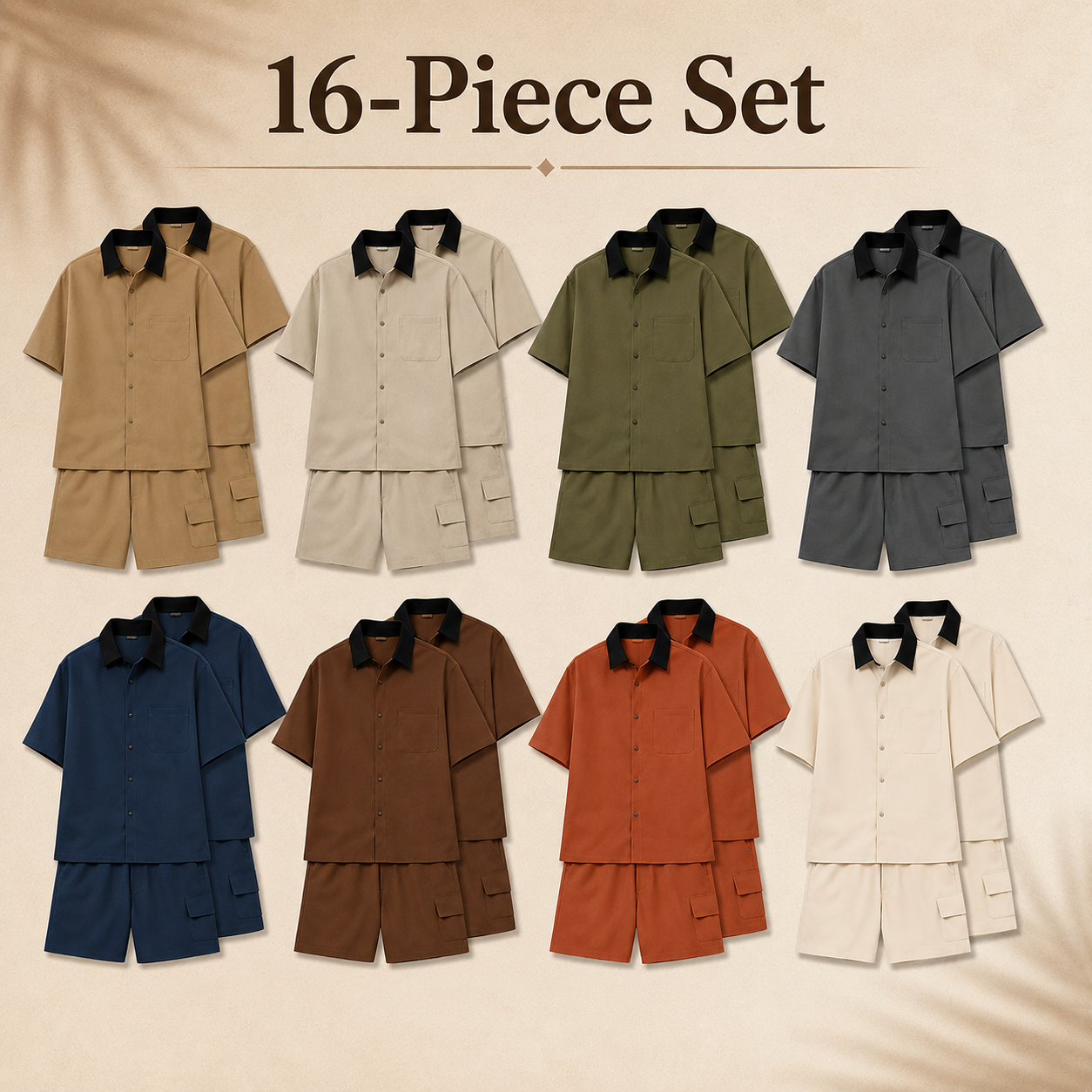 Mixed 16-Pack men's relaxed shirt and cargo shorts set