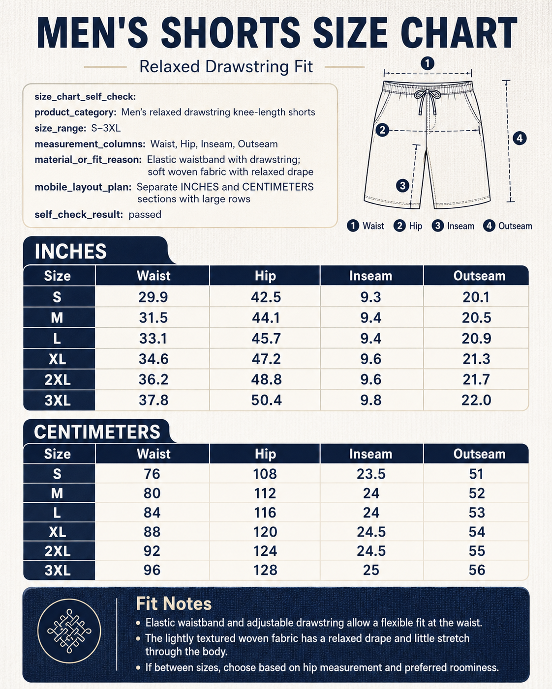 Mens drawstring shorts size chart