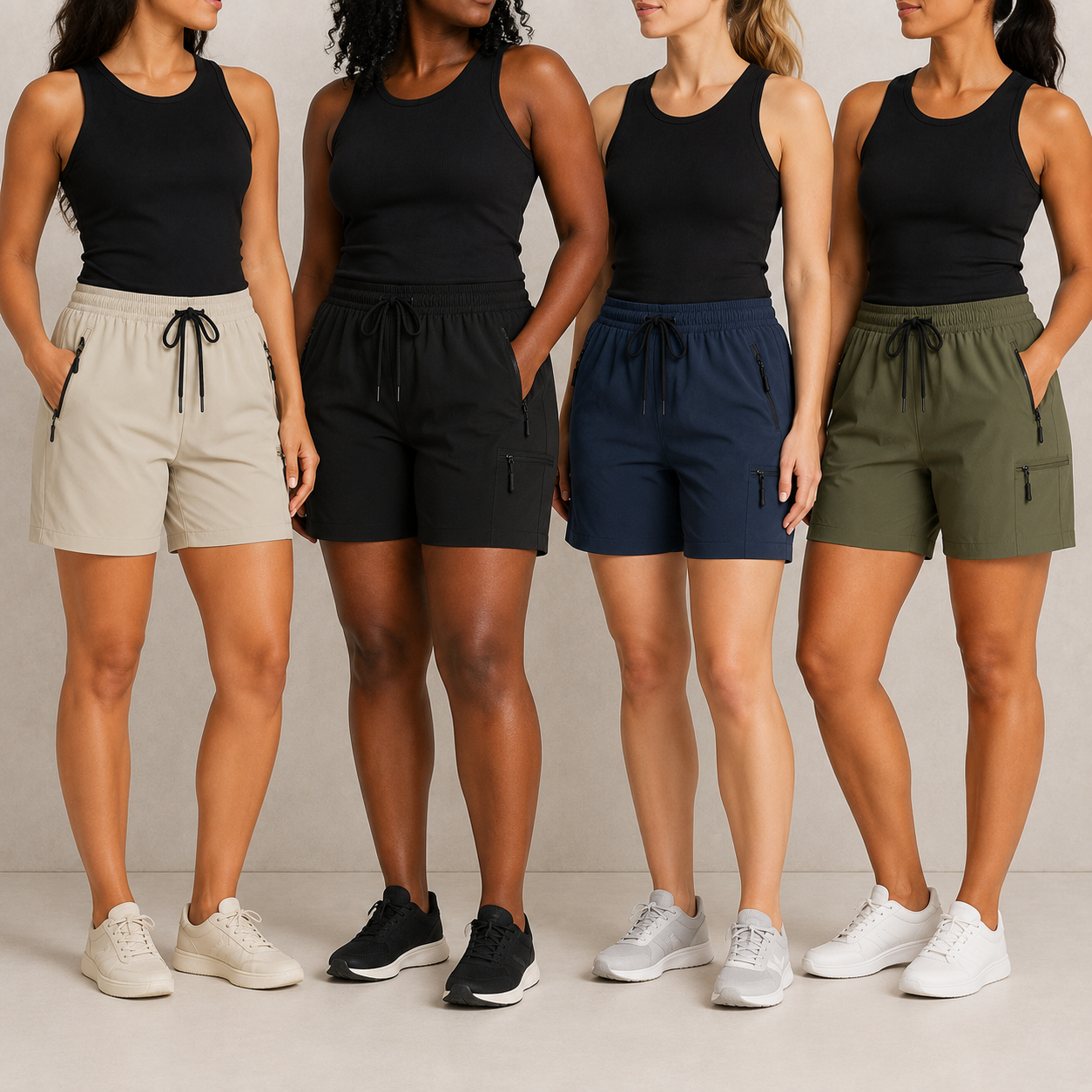 Four adult models wearing lightweight drawstring cargo shorts in neutral and dark colors