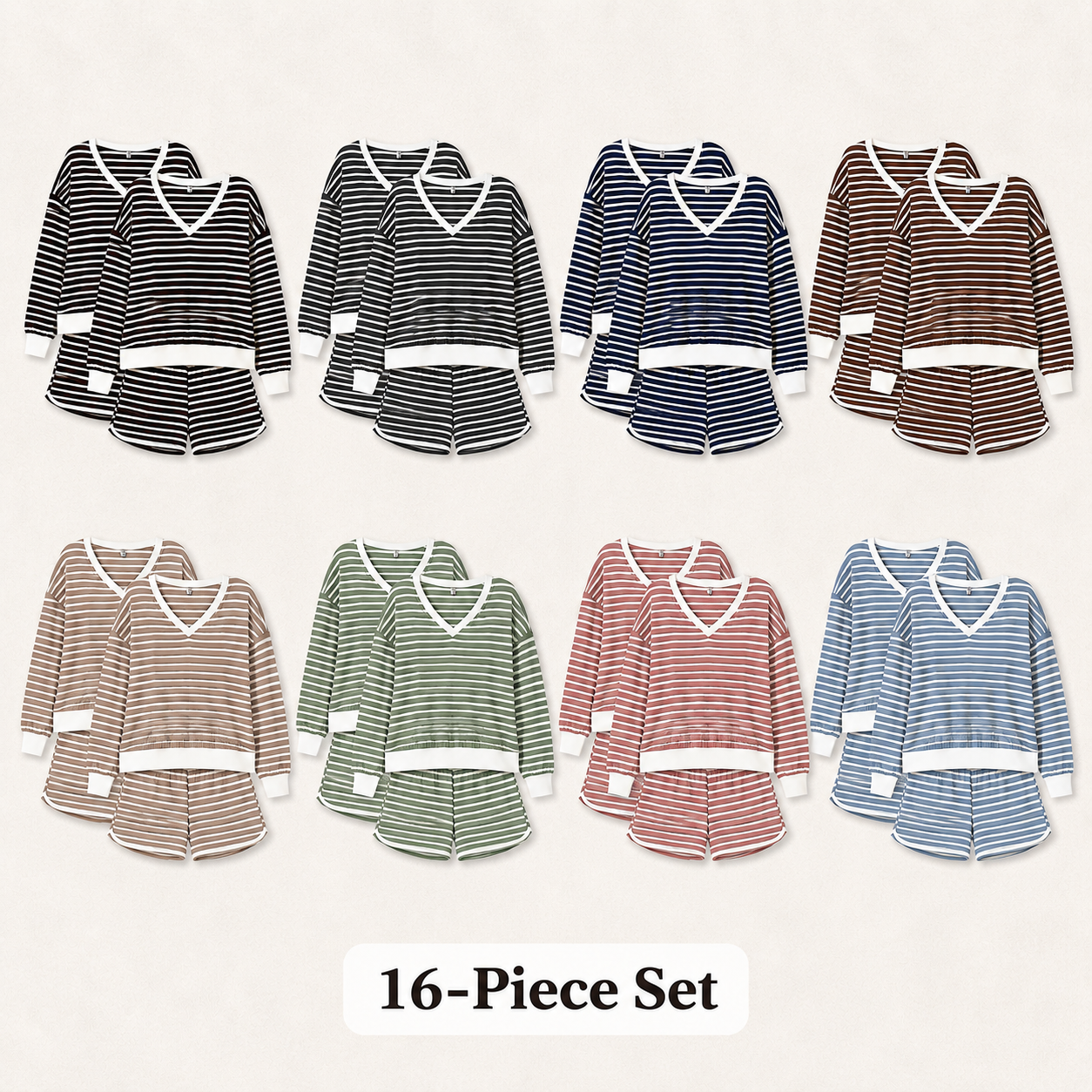 Mixed 16-Pack striped V-neck lounge set with matching shorts