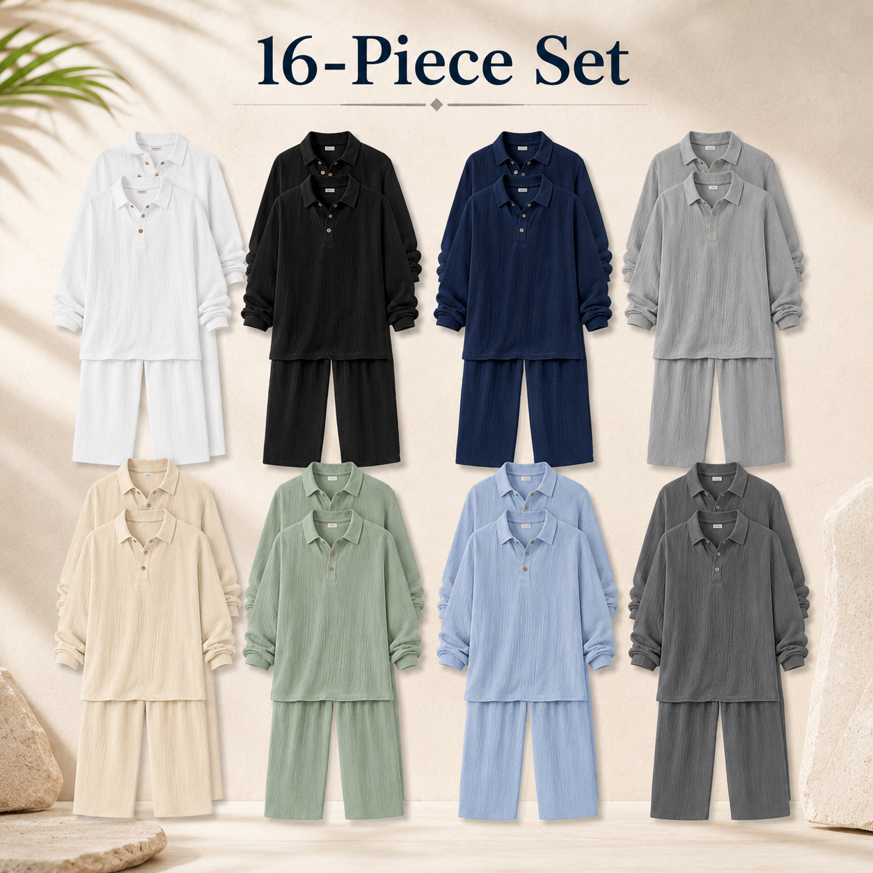 Mens textured henley shirt and drawstring pants 16-piece set