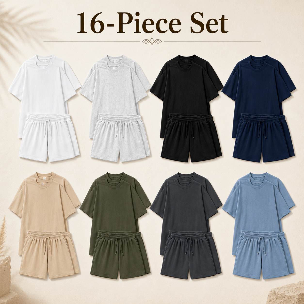 Mixed 16-Pack men's crew neck T-shirt and drawstring shorts set