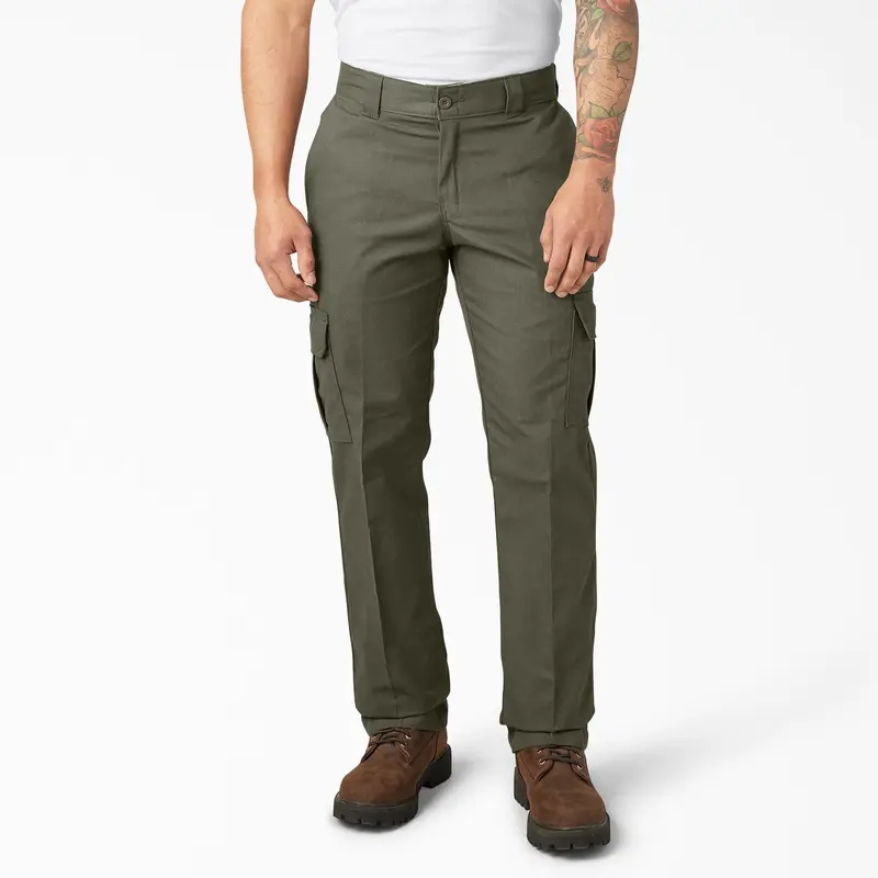 Army Green stretch cargo work pants on model