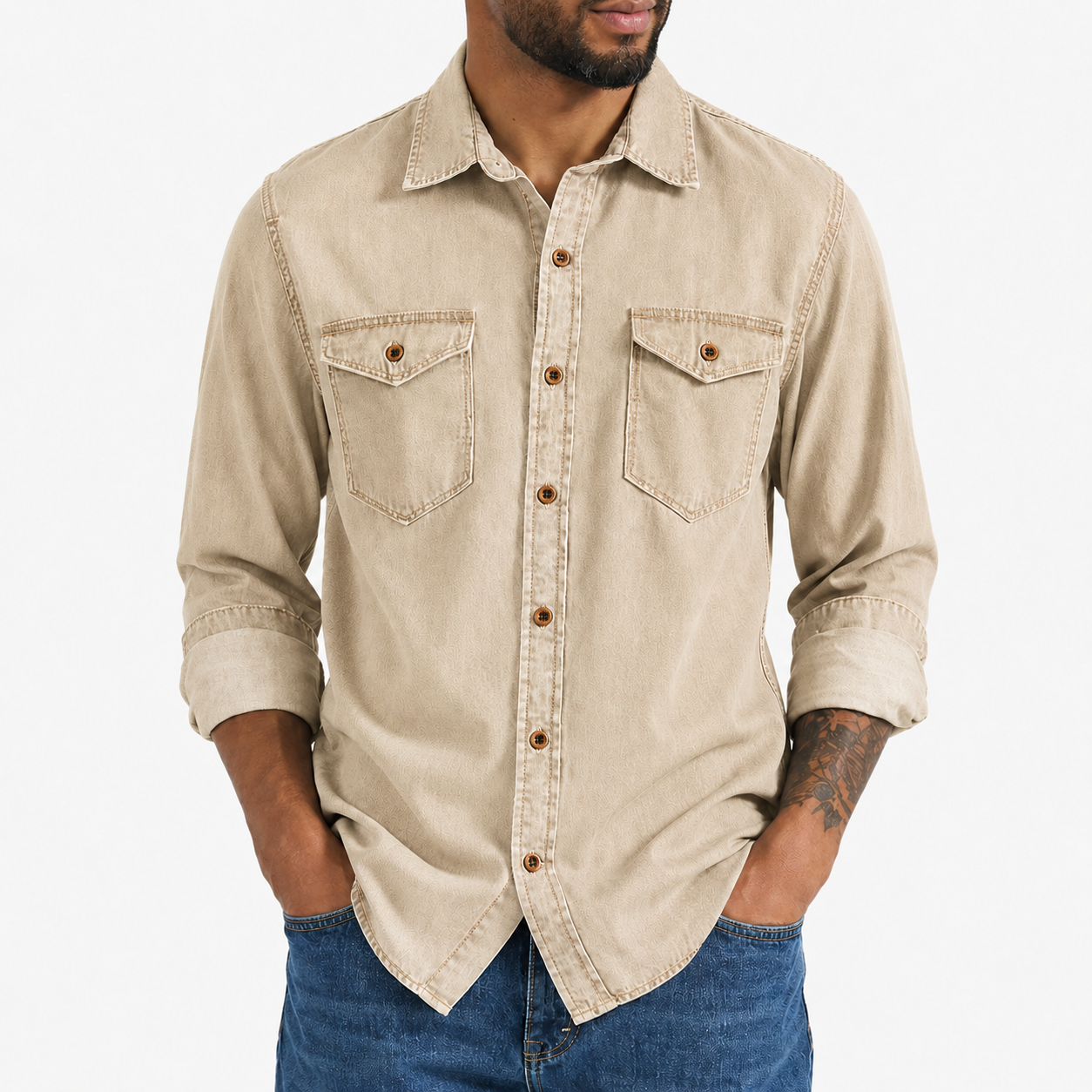 Sand beige washed denim button-up shirt