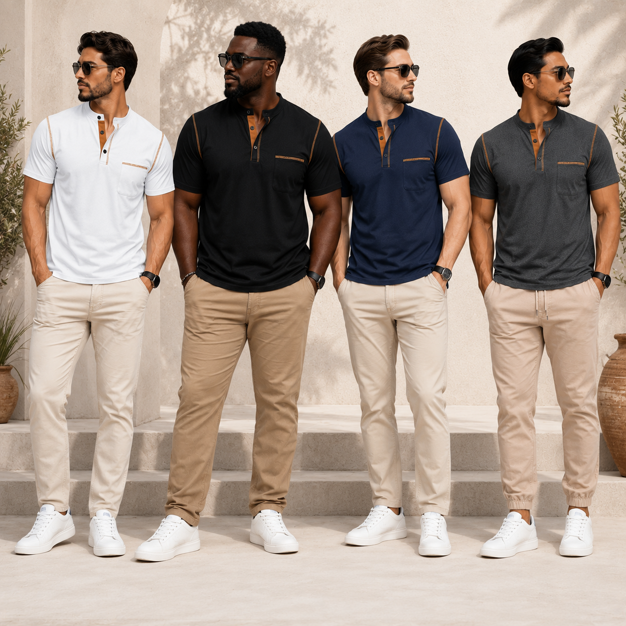 Four male models wearing men's Henley shirts