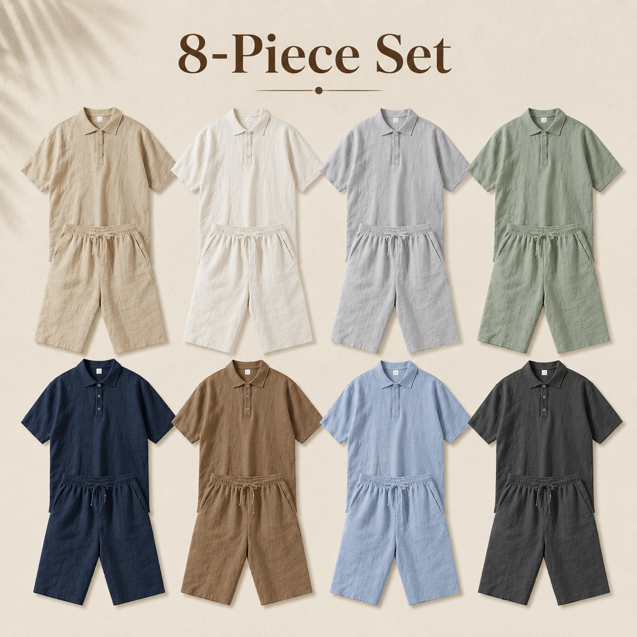 Men's textured polo and shorts mixed 8-pack layout