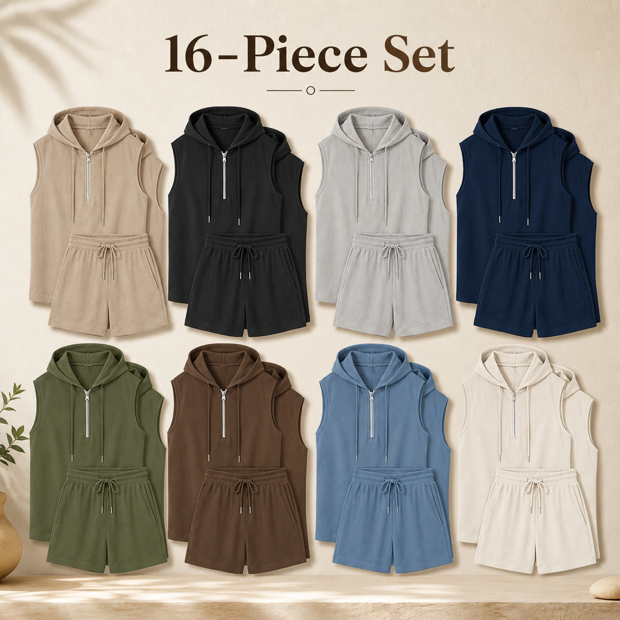 Mixed 16-Pack package image for men's sleeveless half zip hoodie and shorts set