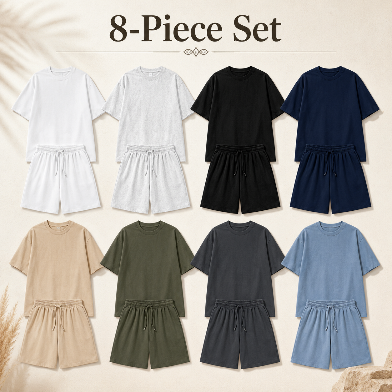 Mixed 8-Pack men's crew neck T-shirt and drawstring shorts set