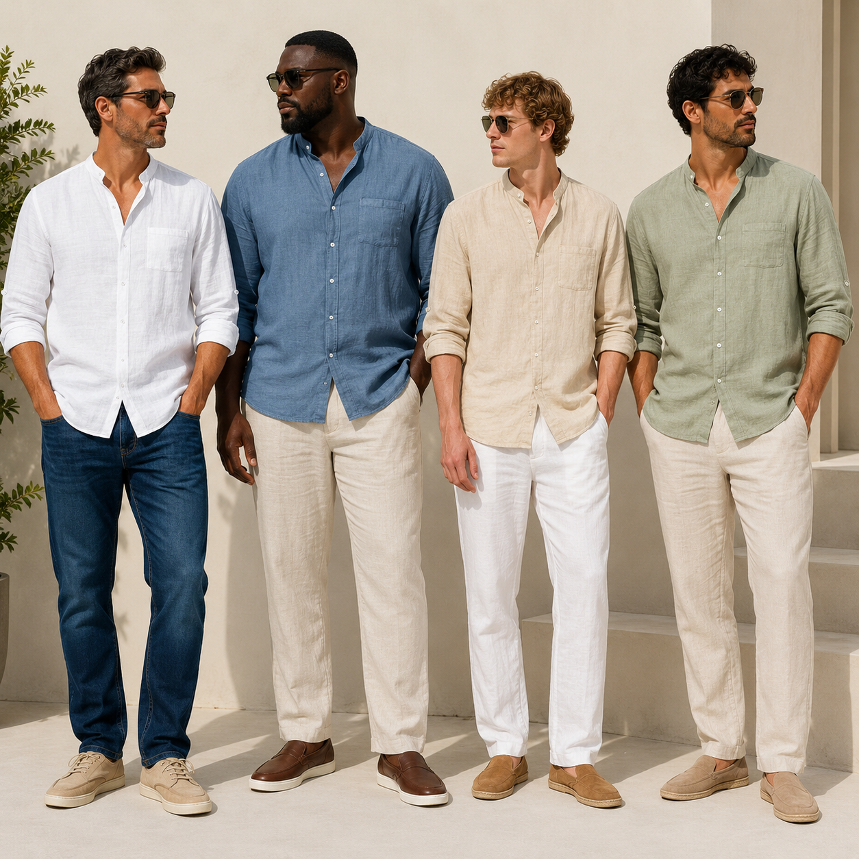 Men's lightweight woven mandarin collar shirt group photo