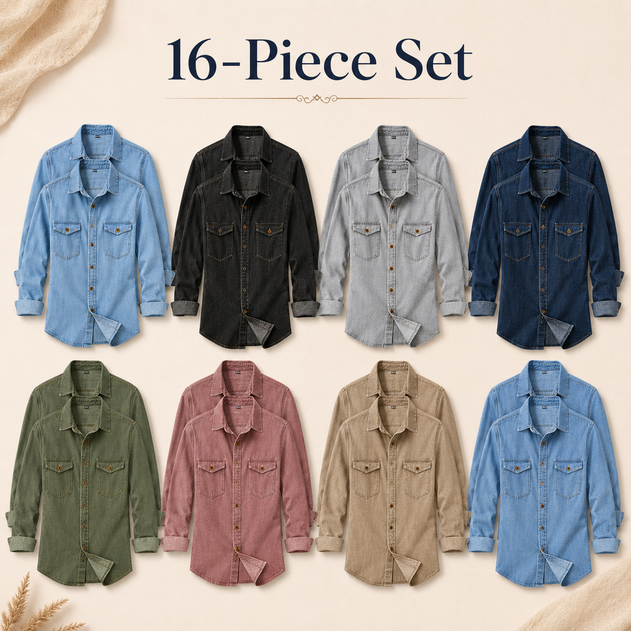 Mixed 16-Pack washed denim button-up shirt set