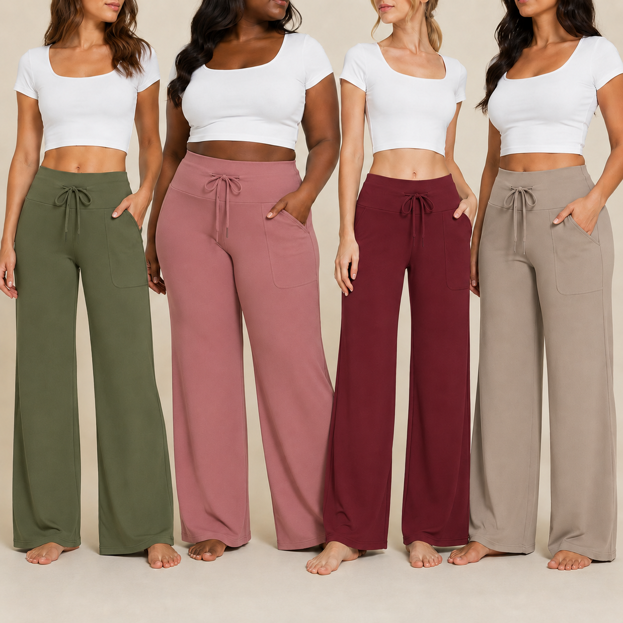 Four adult models wearing wide leg lounge pants in olive green, dusty rose, wine red, and taupe beige