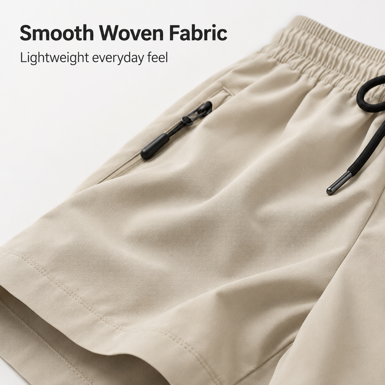 Close view of smooth woven fabric and clean hem on lightweight shorts