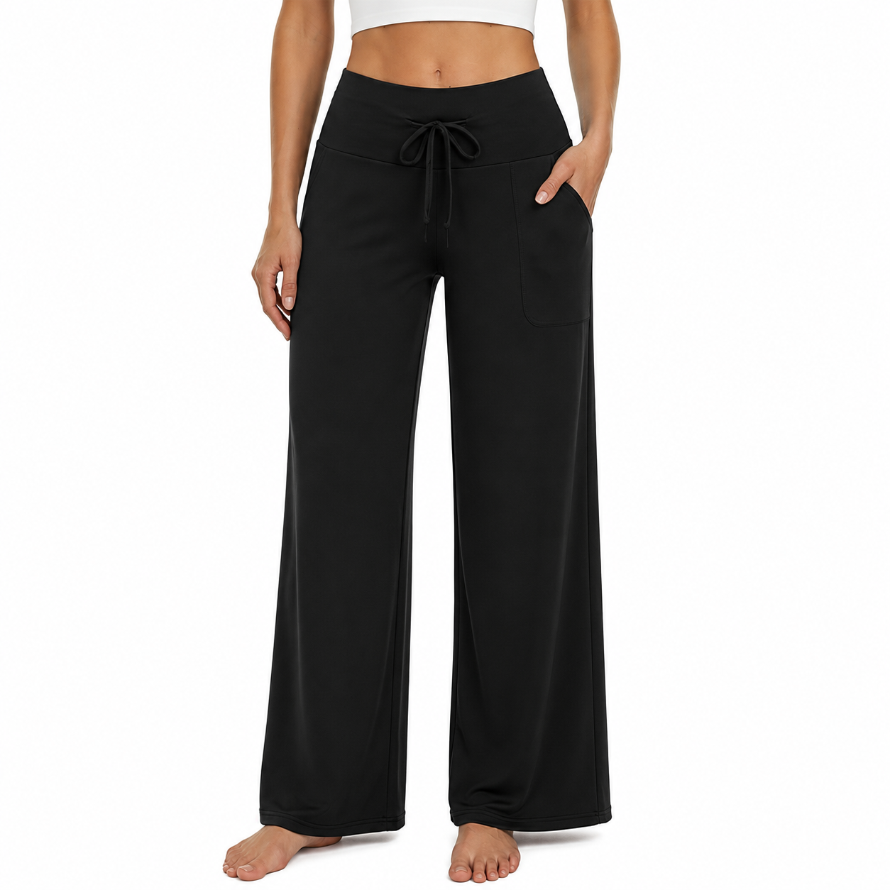 Black women wide leg lounge pants front view