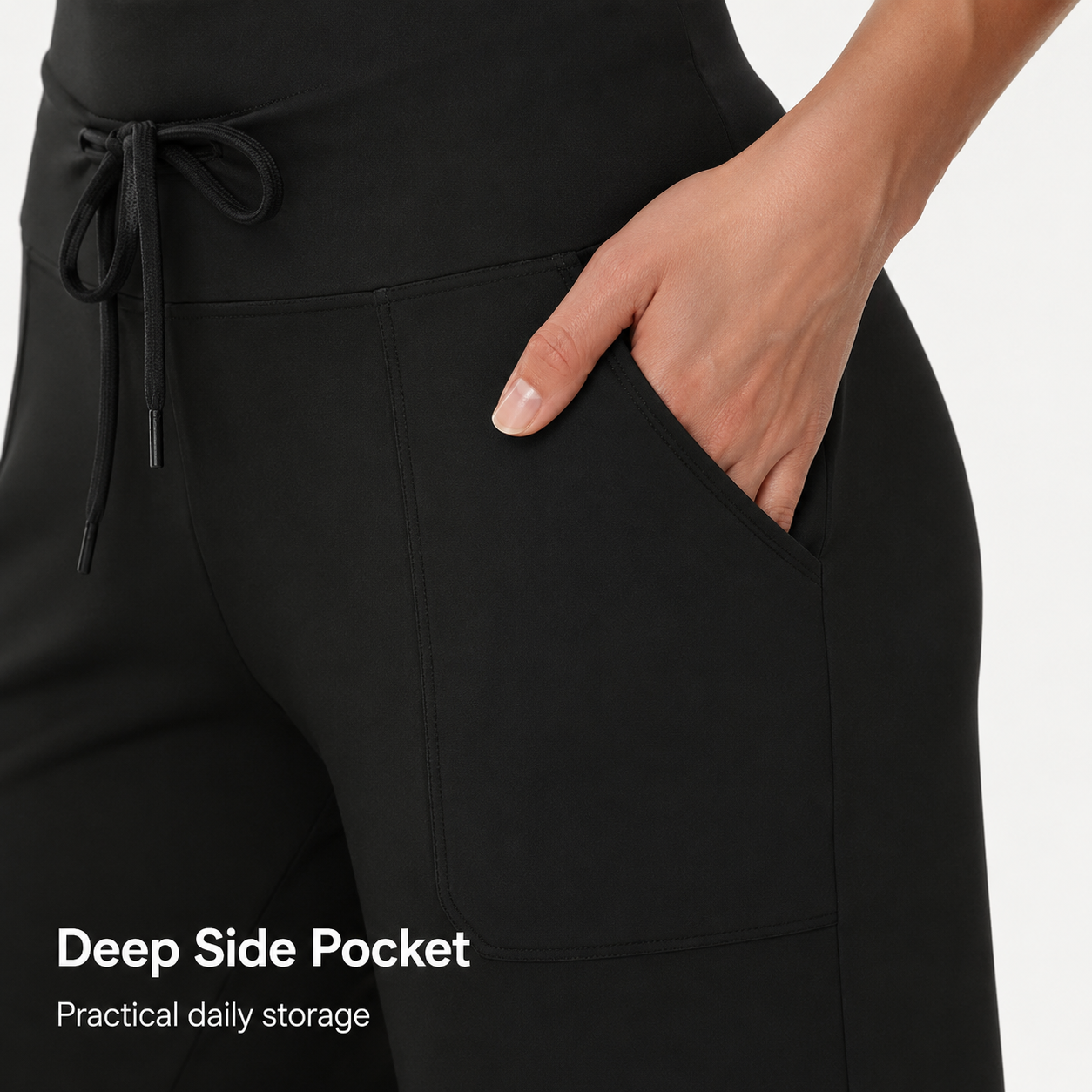 Close detail of side pocket on black wide leg lounge pants
