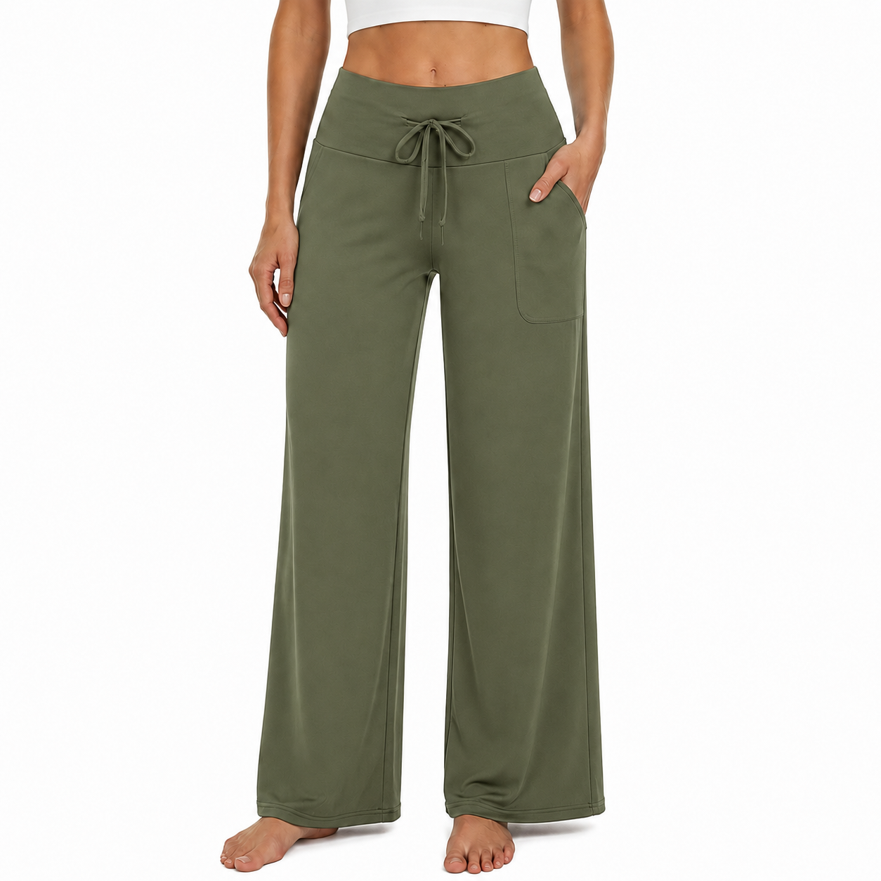 Olive Green women wide leg lounge pants front view