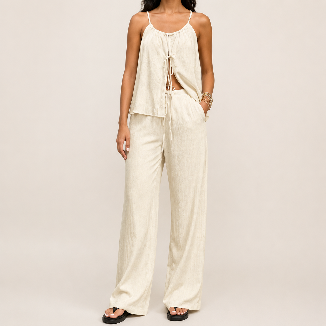 Natural Ivory front view of tie-front cami and wide-leg pants set