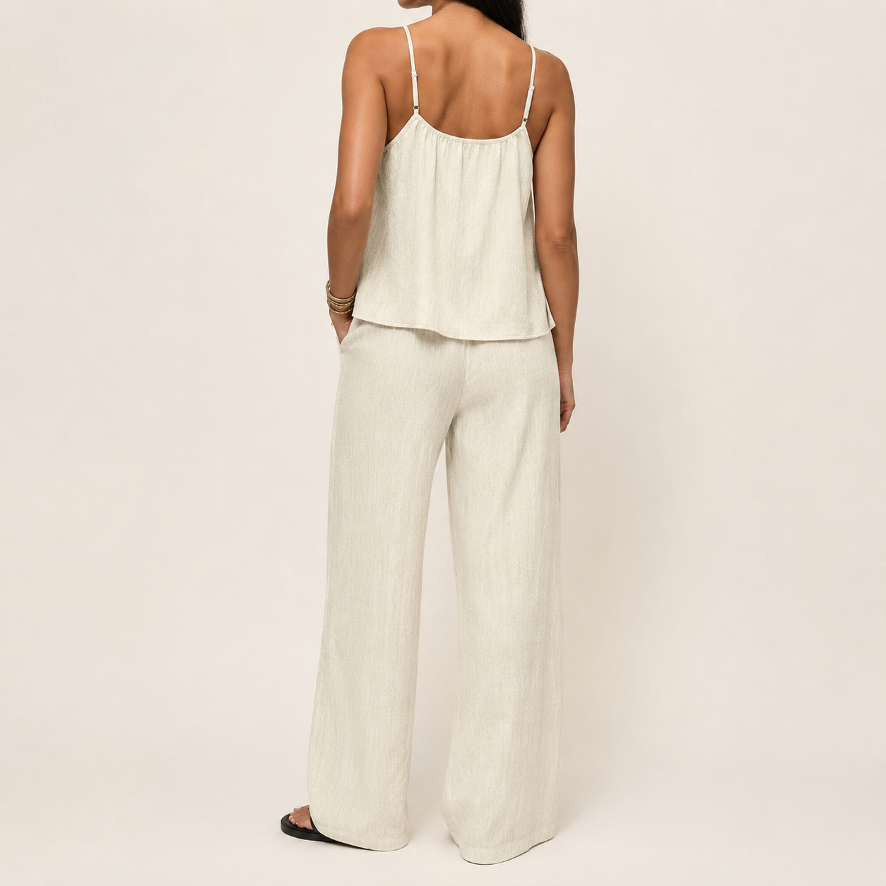 Natural Ivory back view of tie-front cami and wide-leg pants set