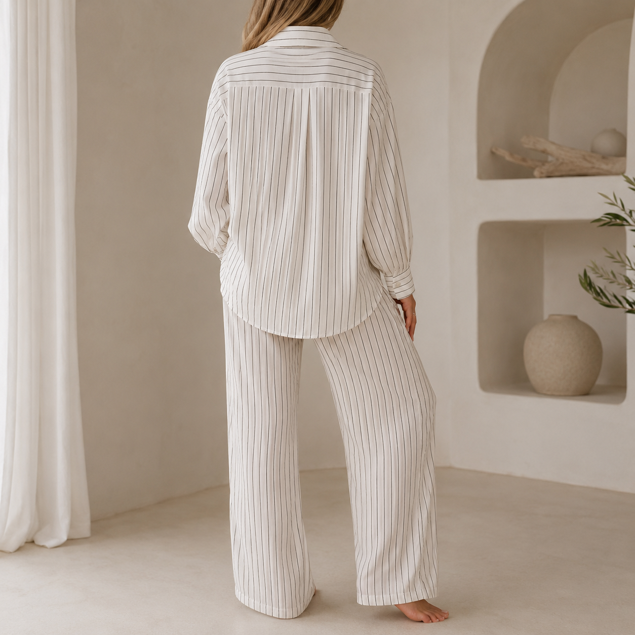 Ivory black stripe back model view