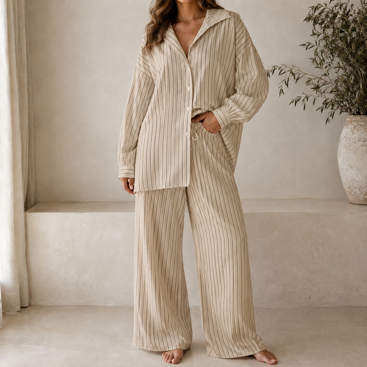 Sand beige relaxed striped lounge set model view