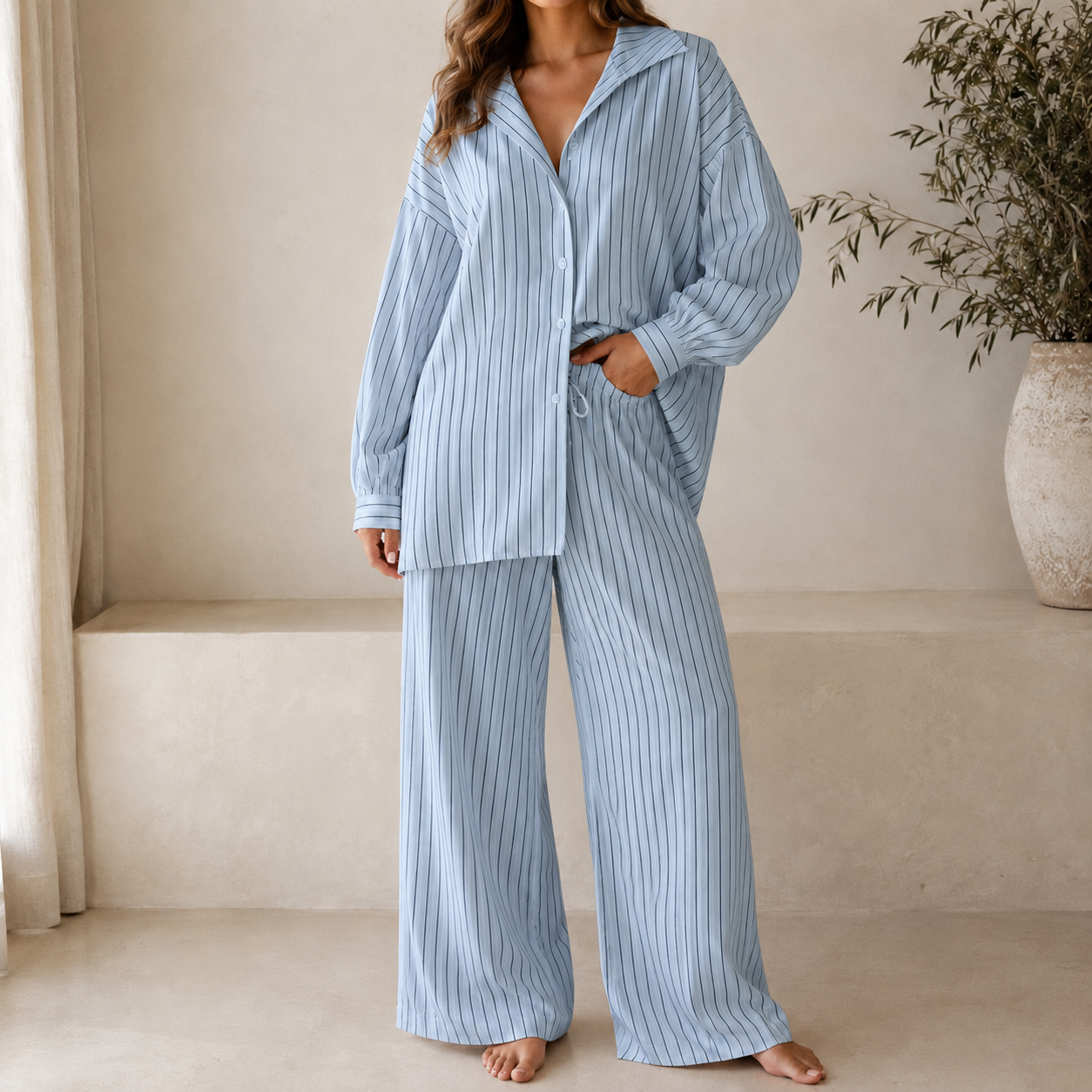 Dusty blue relaxed striped lounge set model view