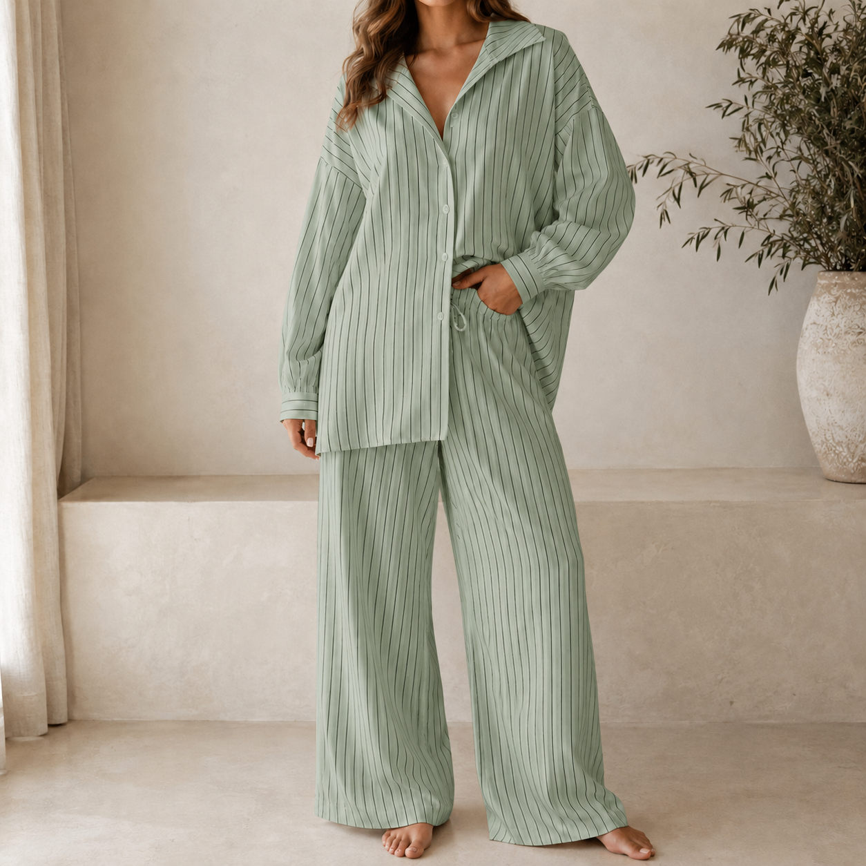 Sage green relaxed striped lounge set model view