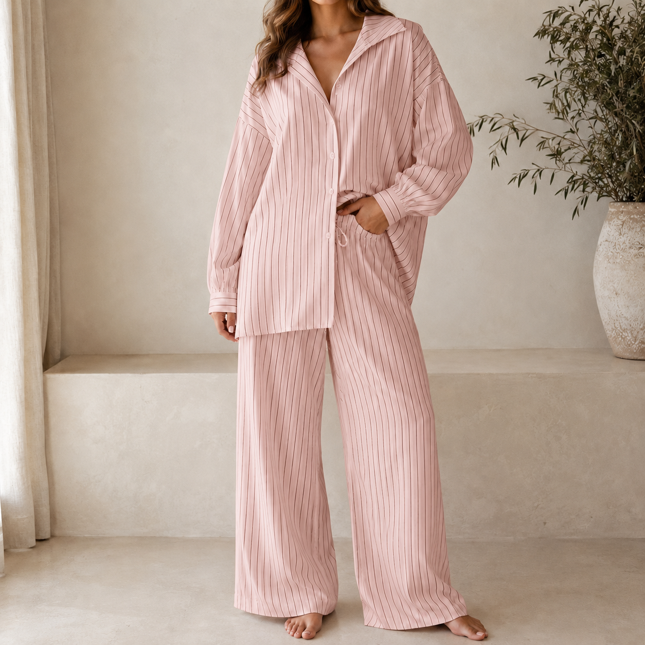 Blush pink relaxed striped lounge set model view