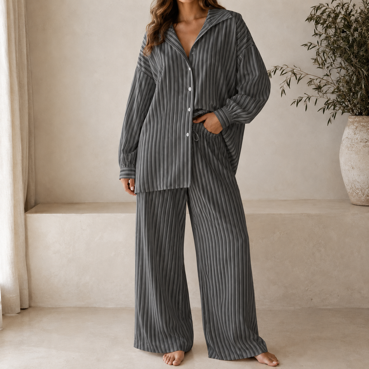 Charcoal gray relaxed striped lounge set model view